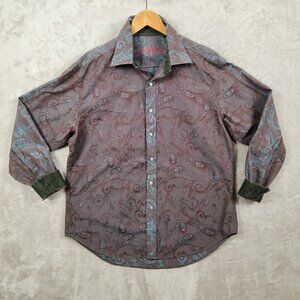 Robert Graham Shirt Iridescent Purple Blue Paisley Flip Cuff Button Up Mens XL